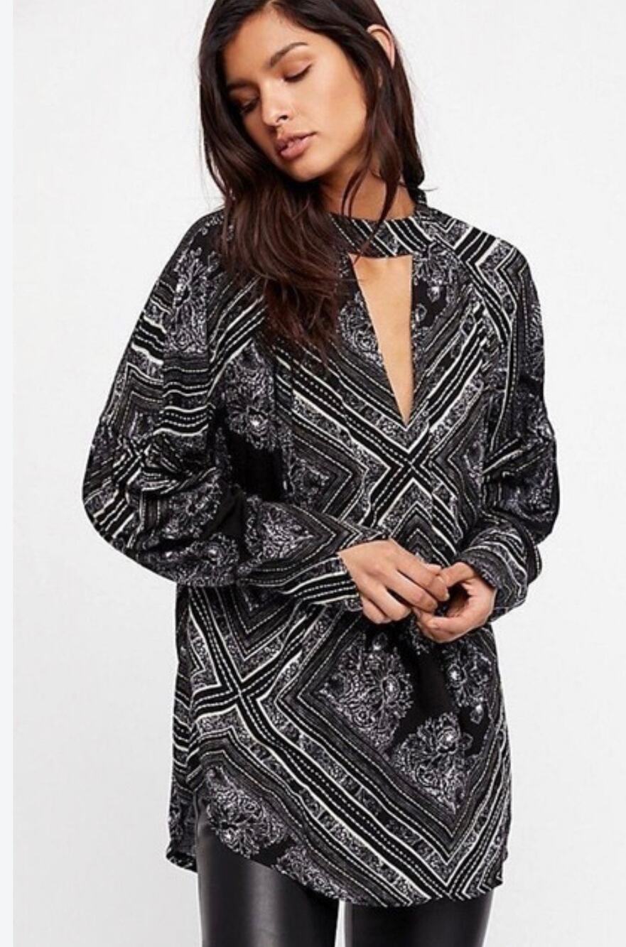 Free People Long Sleeve Walking on a Dream Printed Keyhole Tunic Dress Small